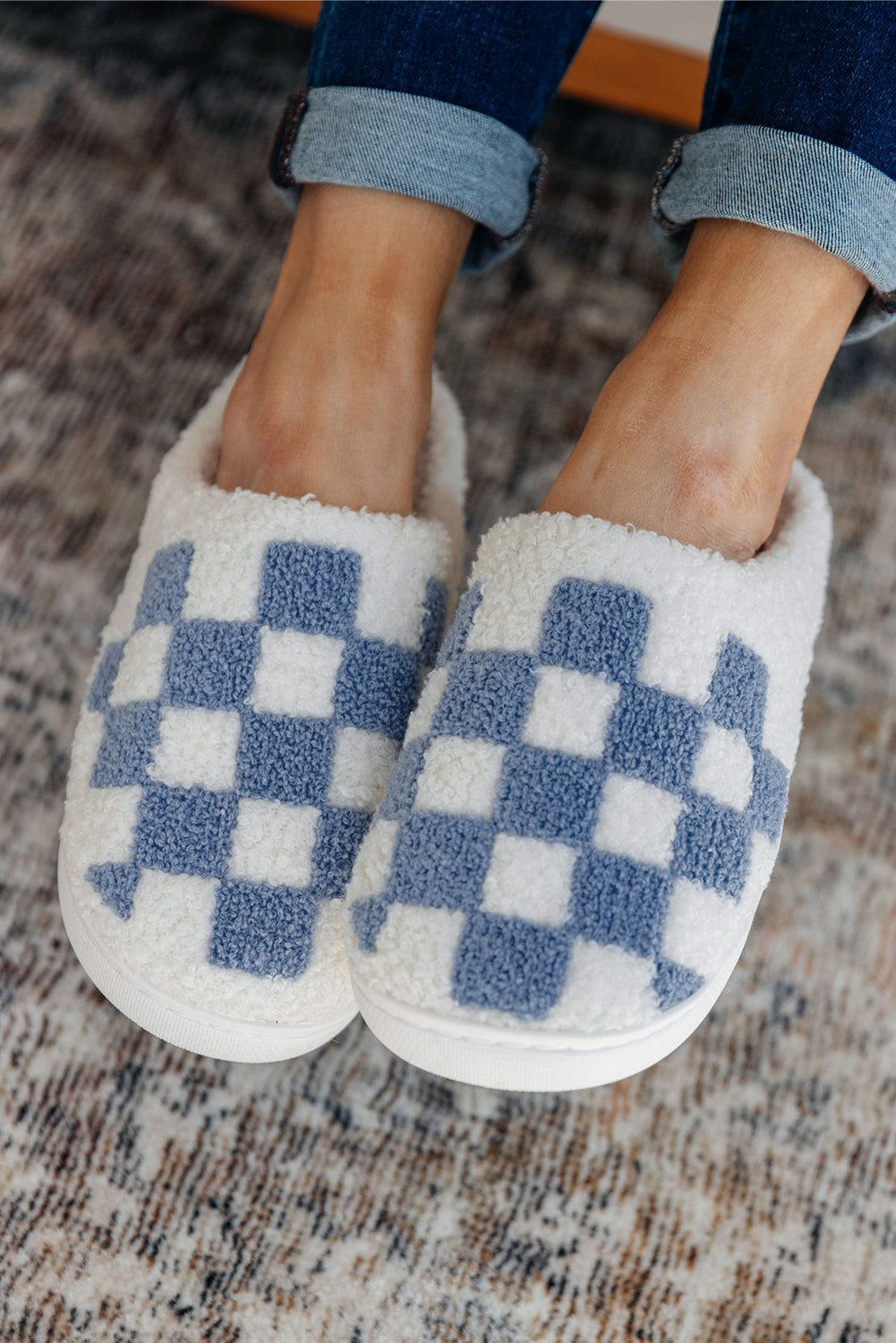 Black Checkered Print Fuzzy Slip On Winter Slippers