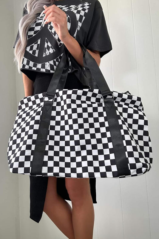 Black Checkered Travel Portable Large Capacity Duffle Bag