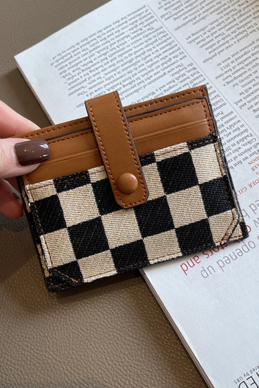 Coffee Leather Checkered Canvas Patchwork Card Wallet