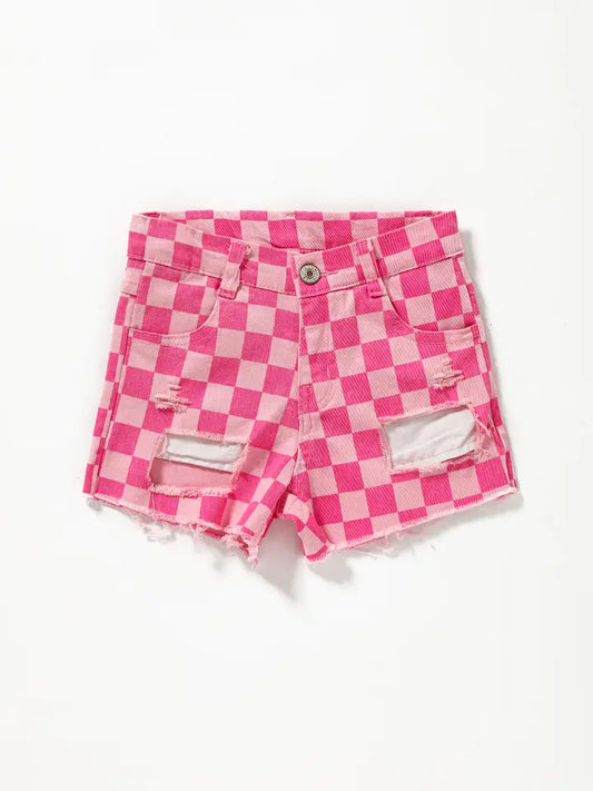 Pink Checkered Denim Shorts